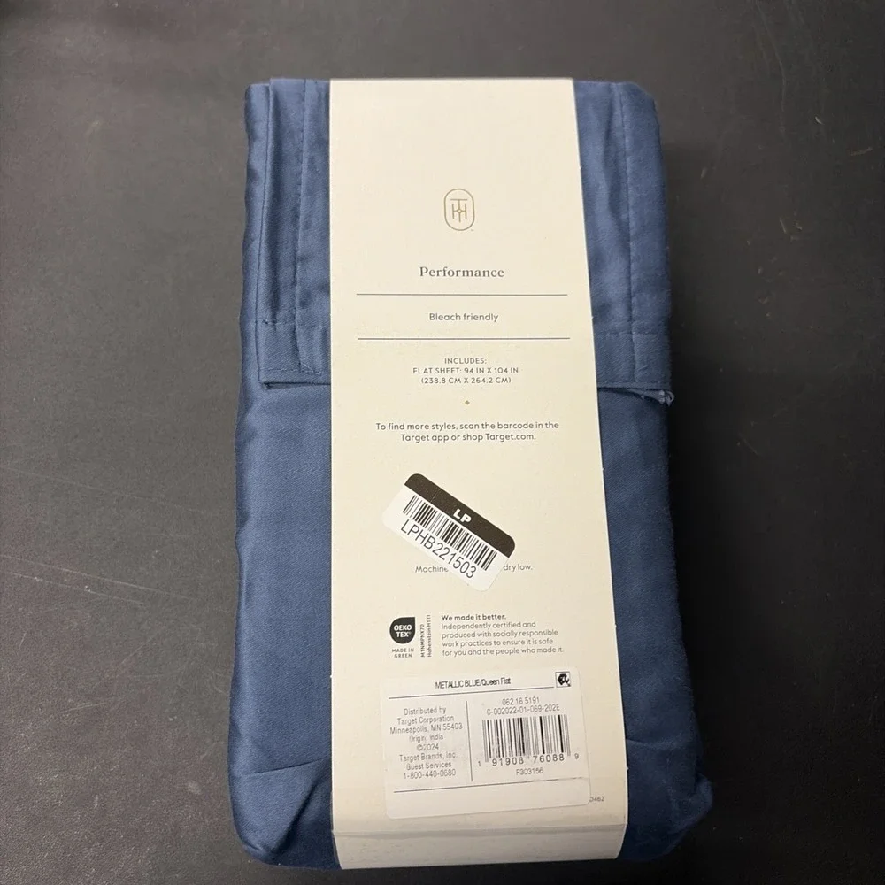 Threshold Performance Cotton Sateen QUEEN Flat Sheet Blue 400 TC Smooth 20562